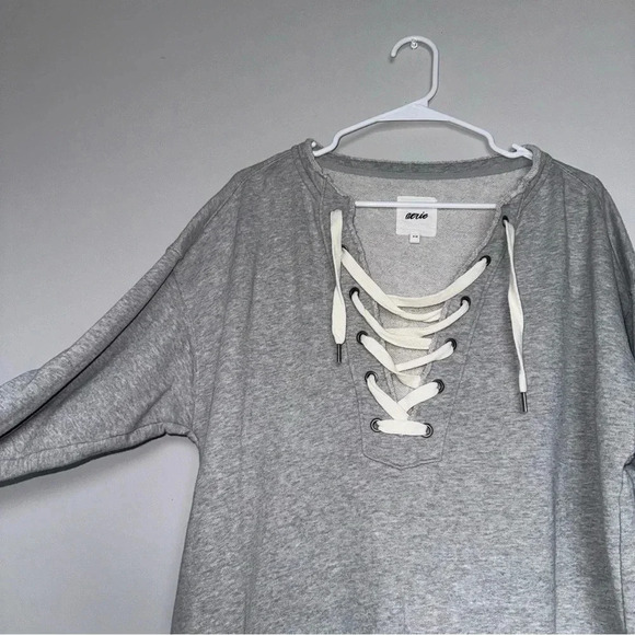 Aerie Lace Up Oversized Crew Sweatshirt Heather Gray Size Small - Picture 4 of 5